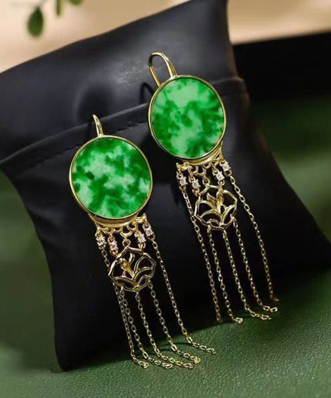 Beautiful Green Sterling Silver Tie Dye Round Tassel Jadeite Drop Earrings