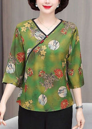 Beautiful Green V Neck Print Button Silk Tops Summer