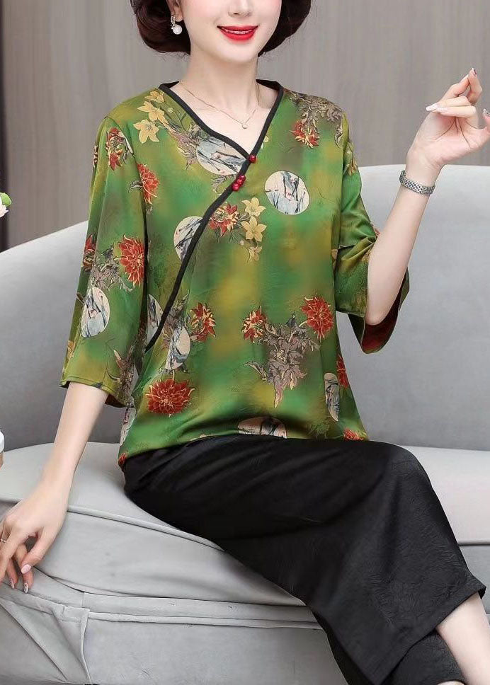 Beautiful Green V Neck Print Button Silk Tops Summer