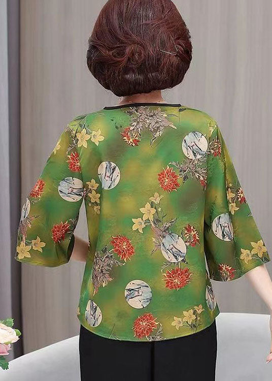 Beautiful Green V Neck Print Button Silk Tops Summer