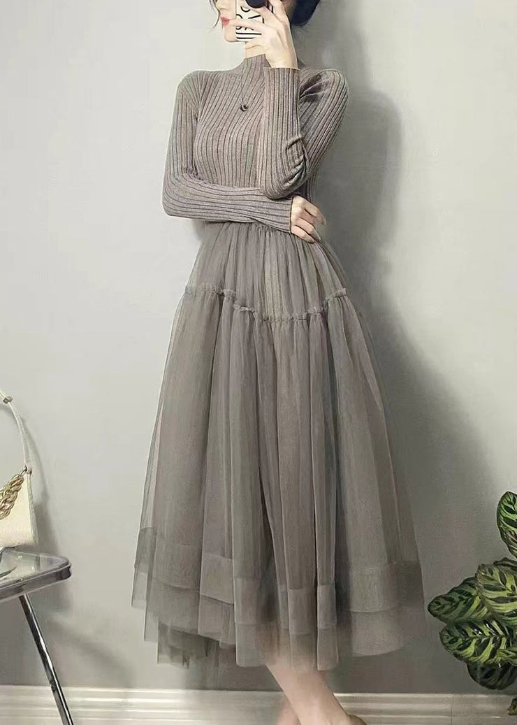 Beautiful Grey Asymmetrical Tulle Patchwork Long Dresses Fall