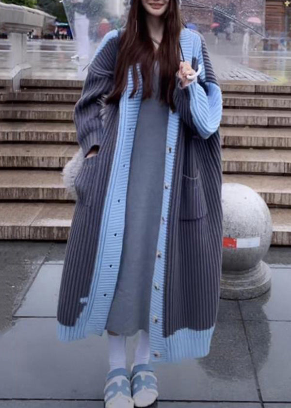 Beautiful Grey Blue V Neck Pockets Button Knit Loose Cardigan Fall