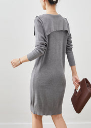 Beautiful Grey Butterfly Collar Silm Fit Knit Sweater Dress Spring