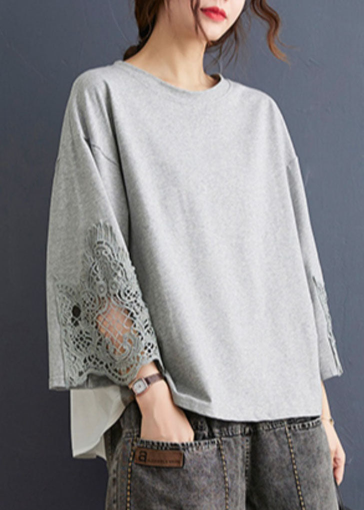 Beautiful Grey O Neck Hollow Out Embroideried Patchwork Cotton T Shirt Top Summer