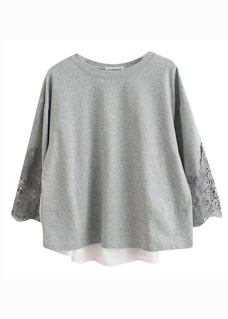 Beautiful Grey O Neck Hollow Out Embroideried Patchwork Cotton T Shirt Top Summer