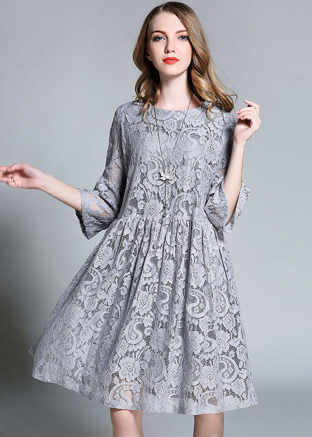 Beautiful Grey O-Neck Patchwork Solid Lace Maxi Dresses Bracelet Sleeve