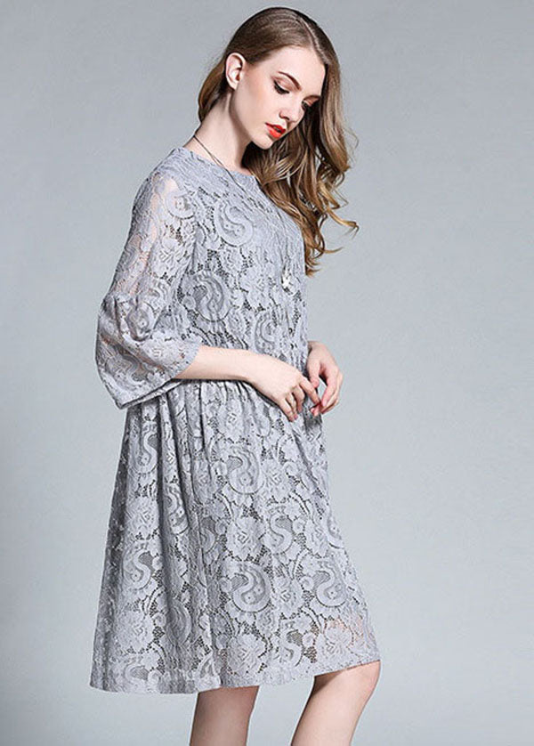 Beautiful Grey O-Neck Patchwork Solid Lace Maxi Dresses Bracelet Sleeve