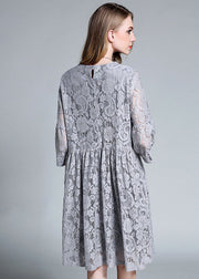 Beautiful Grey O-Neck Patchwork Solid Lace Maxi Dresses Bracelet Sleeve