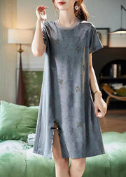 Beautiful Grey O Neck Zircon Jacquard Side Open Silk Dresses Summer