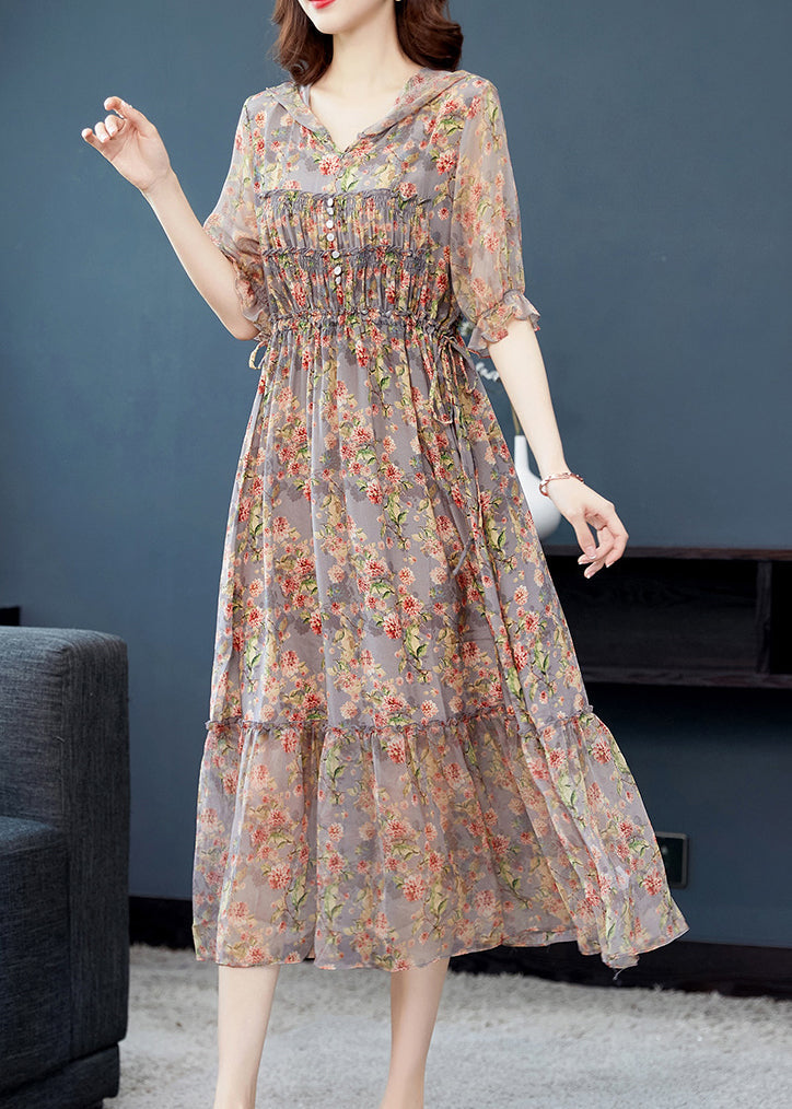 Beautiful Grey Ruffled Print Patchwork Silk Long Dresses Summer