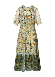 Beautiful Grey Ruffled Print Patchwork Silk Long Dresses Summer