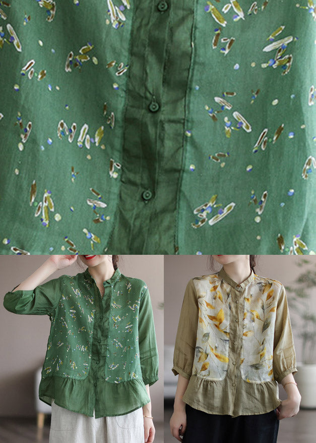 Beautiful Khaki Peter Pan Collar Print Linen Shirt Long Sleeve