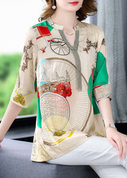 Beautiful Khaki V Neck Print Patchwork Silk Shirts Tops Bracelet Sleeve