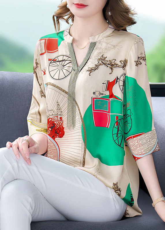 Beautiful Khaki V Neck Print Patchwork Silk Shirts Tops Bracelet Sleeve