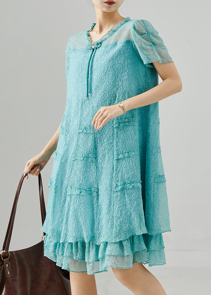 Beautiful Lake Green Tasseled Ruffled Silk Dress Summer