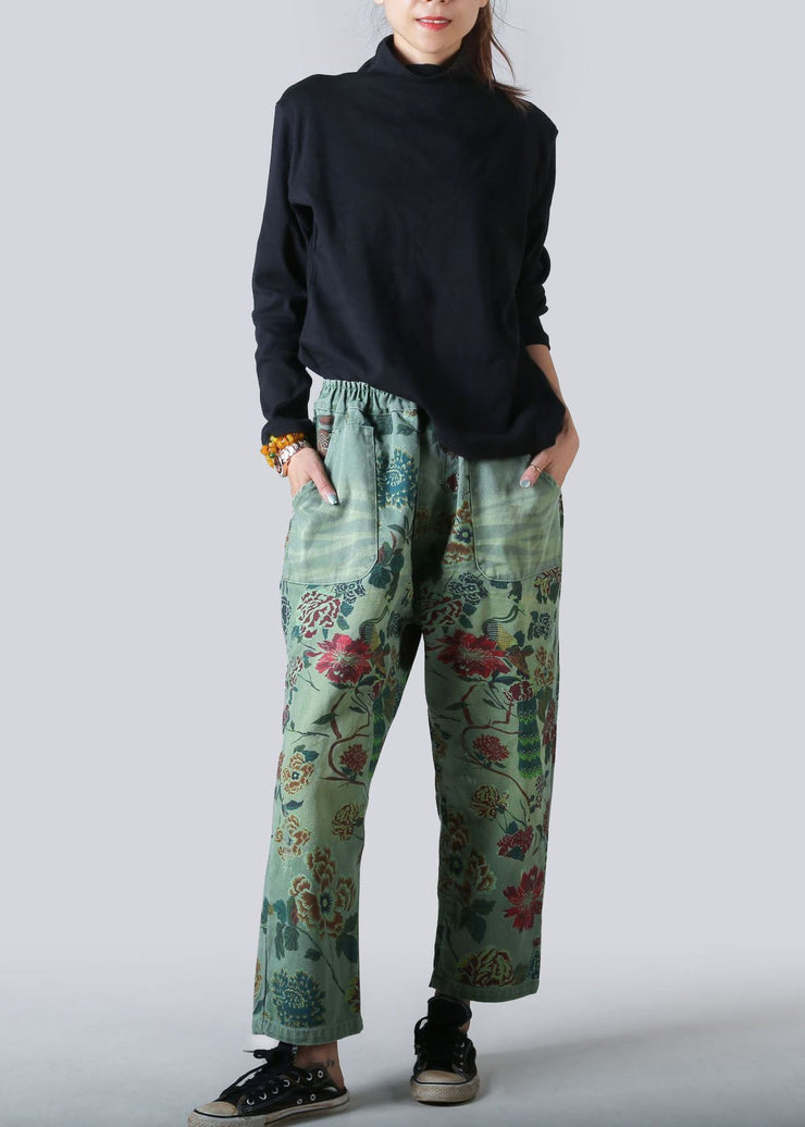 Beautiful Light Blue Pockets Print Denim Straight Pants Spring