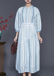 Beautiful Light Blue Striped Patchwork Lace Cotton Dresses Spring