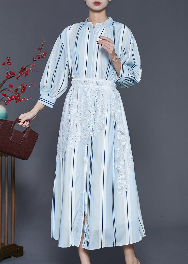 Beautiful Light Blue Striped Patchwork Lace Cotton Dresses Spring