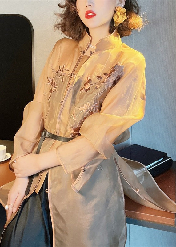 Beautiful Light Brown Embroideried Side Open Sashes Silk Shir Long Sleeve