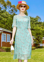 Beautiful Light Green O-Neck Embroideried Silk Mid Dresses Short Sleeve