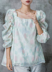 Beautiful Light Green Square Collar Puff Sleeve Chiffon Blouses