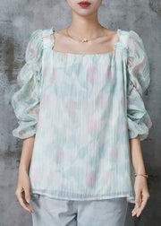 Beautiful Light Green Square Collar Puff Sleeve Chiffon Blouses