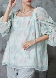 Beautiful Light Green Square Collar Puff Sleeve Chiffon Blouses