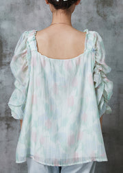 Beautiful Light Green Square Collar Puff Sleeve Chiffon Blouses