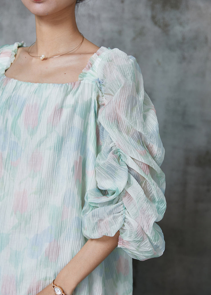 Beautiful Light Green Square Collar Puff Sleeve Chiffon Blouses