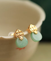 Beautiful Light Green Sterling Silver Overgild Jade Stud Earrings