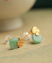 Beautiful Light Green Sterling Silver Overgild Jade Stud Earrings