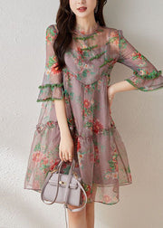 Beautiful Light Purple Ruffled Chinese Button Print Tulle Oriental Dresses Summer