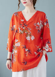 Beautiful Loose Red V Neck Print Cotton Top Summer