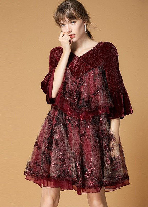 Beautiful Mulberry V Neck Organza Patchwork Silk Velour Dresses Flare Sleeve