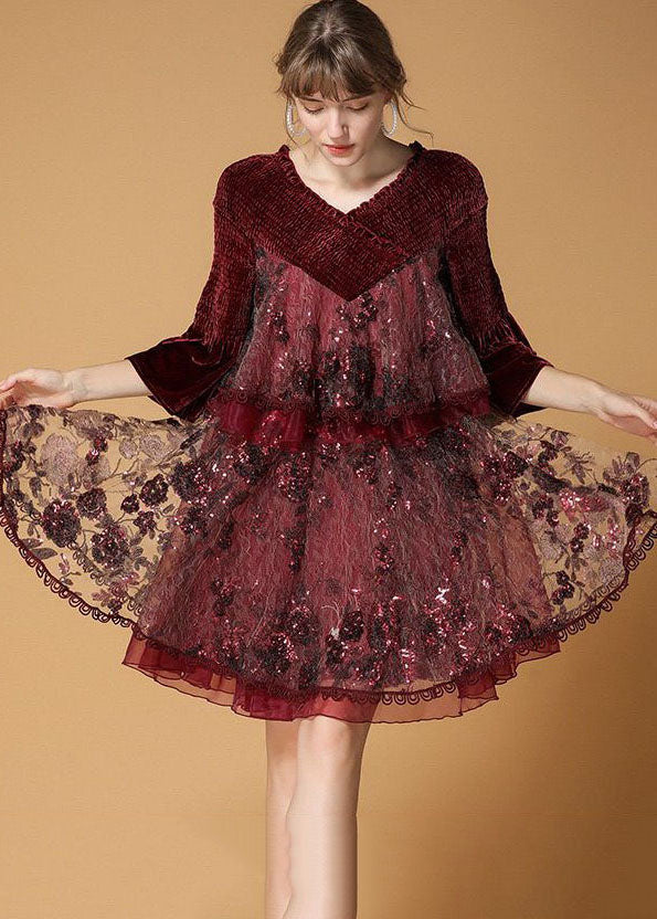 Beautiful Mulberry V Neck Organza Patchwork Silk Velour Dresses Flare Sleeve