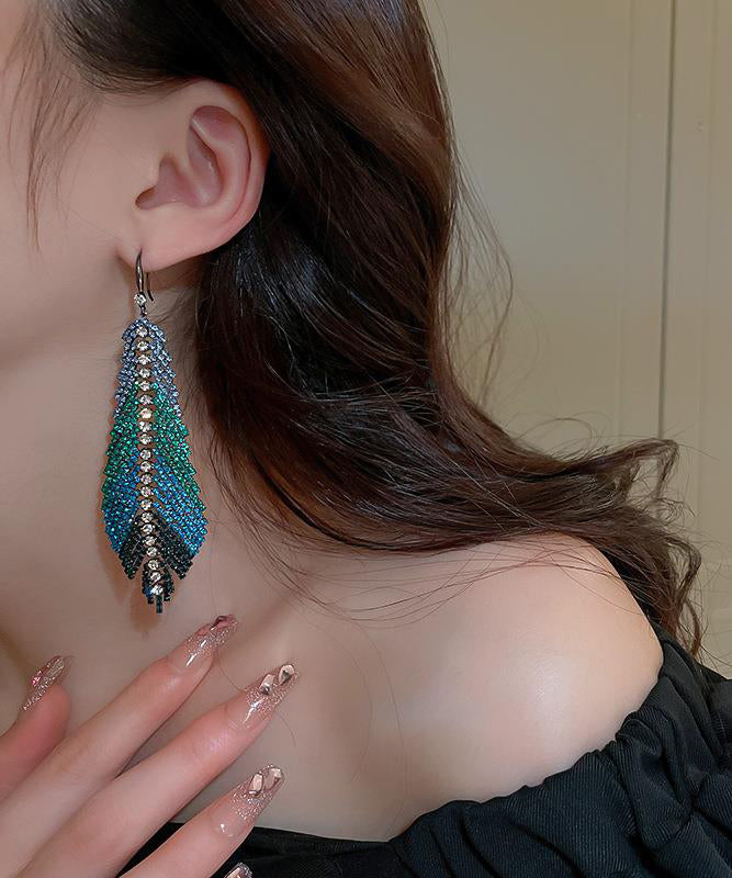 Beautiful Multi Copper Zircon Feather Leaves Tassel Drop Earrings