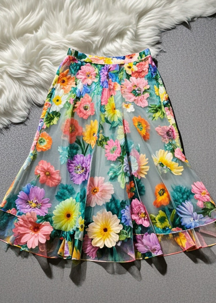 Beautiful Multicolor Floral Print Tulle Skirt Summer