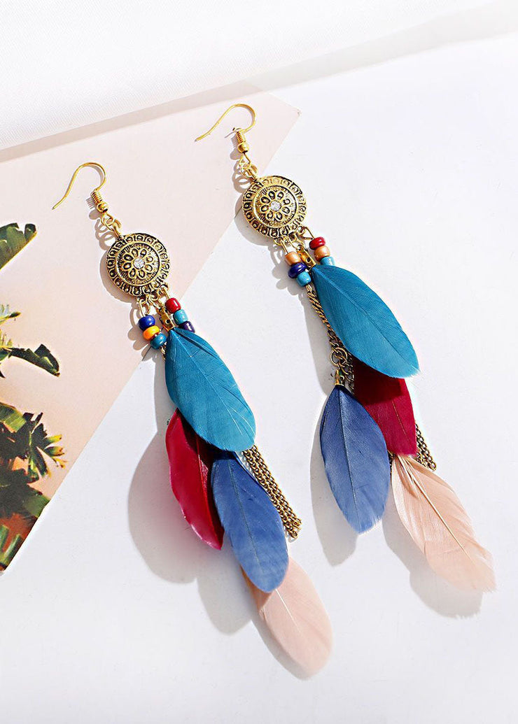 Beautiful Multicolour Feather Tassel Metal Drop Earrings