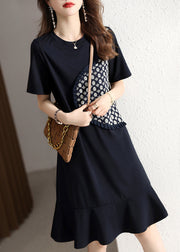 Beautiful Navy O Neck Ruffled Patchwork Cotton Dresses Summer