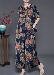 Beautiful Navy Oversized Print Silk Two Pieces Set Summer