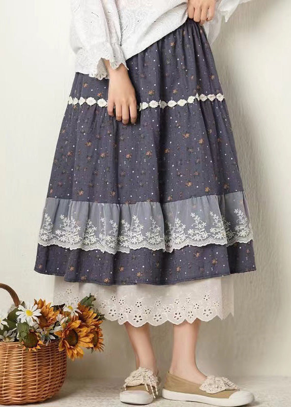 Beautiful Navy Print Lace Elastic Waist Cotton Skirt Spring