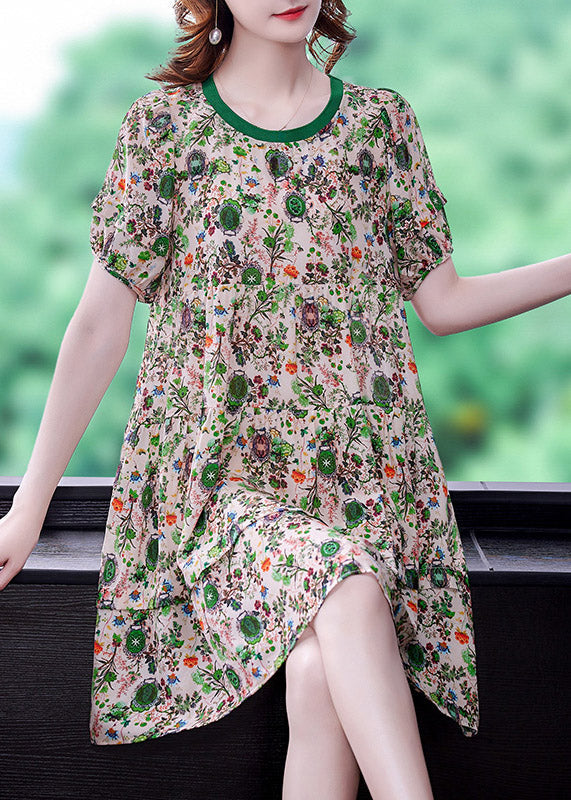 Beautiful O-Neck Print Wrinkled Chiffon Mid Dresses Short Sleeve