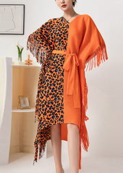 Beautiful Orange Asymmetrical Design Patchwork Tie Waist Tassel Long Dress Fall