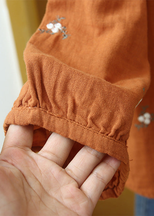 Beautiful Orange Embroideried Button Cotton Blouse Long Sleeve