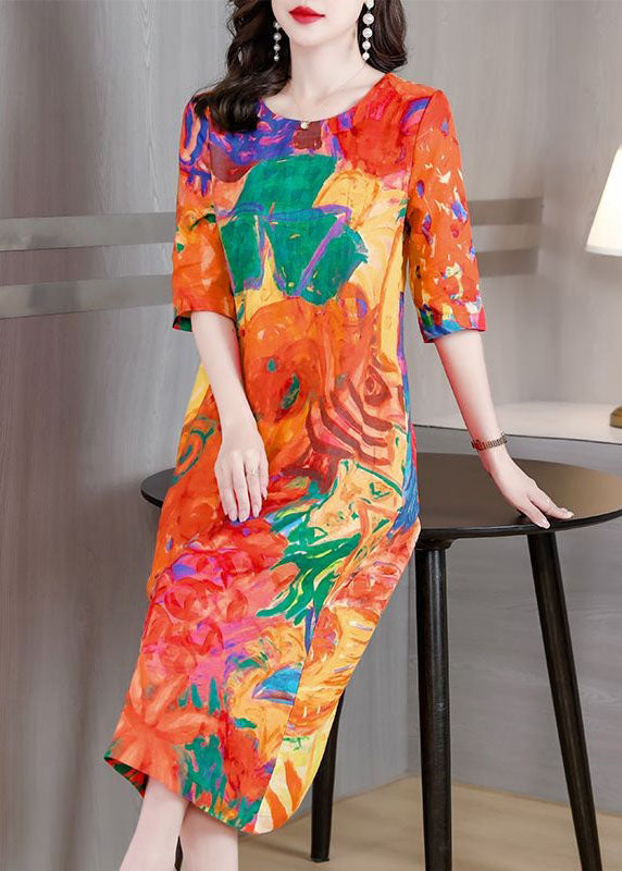 Beautiful Orange O Neck Print Patchwork Silk Dress Summer