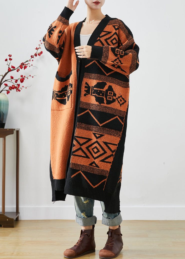 Beautiful Orange Oversized Print Knit Cardigans Fall