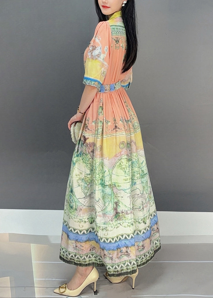 Beautiful Orange Print Tie Waist Cotton Long Dresses Summer