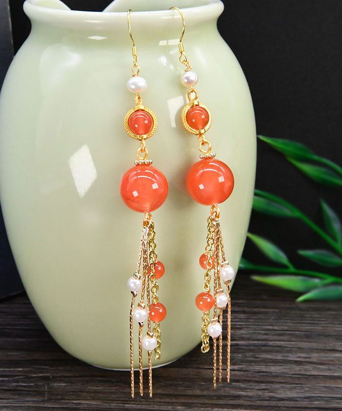 Beautiful Orange Silver Sterling Overgild Agate Pearl Tassel Drop Earrings