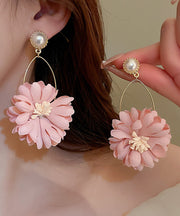 Beautiful Pink Alloy Pearl Cloth Chrysanthemum Drop Earrings