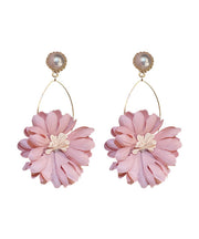 Beautiful Pink Alloy Pearl Cloth Chrysanthemum Drop Earrings